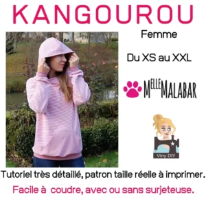 Photo du patron sweat Kangourou femme avec capuche doublée et poche kangourou – illustration du modèle de couture PDF.