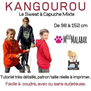 Enfant portant un sweat à capuche avec poche kangourou cousu à partir du patron Kangourou enfant, sweat raglan en maille, disponible en PDF ou pochette