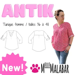 Image du patron couture ANTIK : tunique femme fluide à pans arrondis, manches longues et encolure ronde fendue.