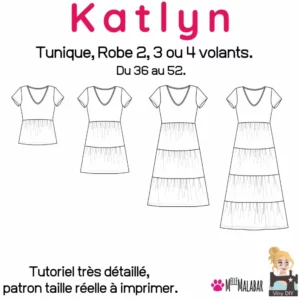 robe femme manches courtes avec plusieurs volants créant une longueur modulable, modèle KATLYN en patron couture PDF et pochette