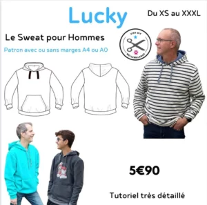 Sweat homme à capuche doublée et poche kangourou porté – patron sweat homme capuche facile Lucky.