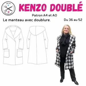 Manteau femme réalisé avec le patron manteau femme KENZO DOUBLÉ, coupe ample à capuche, double boutonnage et grandes poches plaquées.