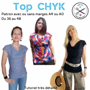 T-shirt Chyk cousu à partir du patron T-shirt Chyk femme, top sans manches en maille fluide avec encolure bénitier drapée.