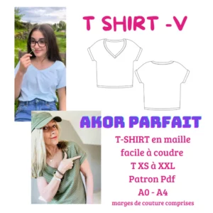 Patron t-shirt AKOR PARFAIT femme présenté, encolure en V et coupe basique en maille extensible.