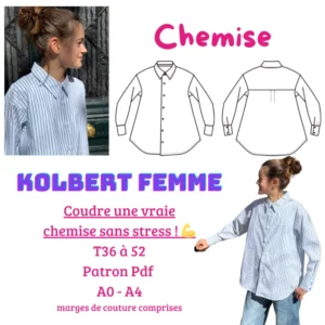 Chemise femme Kolbert en tissu léger, patron couture avec col pied de col et poignets finement réalisés, style ample et confortable.