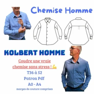 Patron chemise KOLBERT Homme illustré avec col classique, épaules tombantes et finitions nettes.