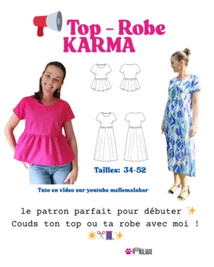 Patron robe ou blouse KARMA femme présenté avec coupe fluide et tissu léger d’été.
