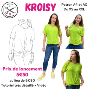 Patron t- shirt blouse KROISY femme illustré avec manches et col arrondi sur fond clair.