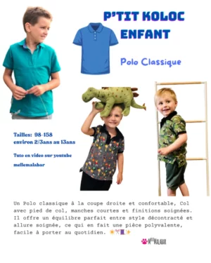 Polo enfant cousu d’après le patron couture P’tit Koloc, avec col, patte polo et manches courtes, sur fond neutre.