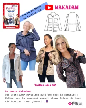 Patron veste saharienne MAKADAM femme illustré avec ceinture, poches plaquées et manches longues sur fond neutre.