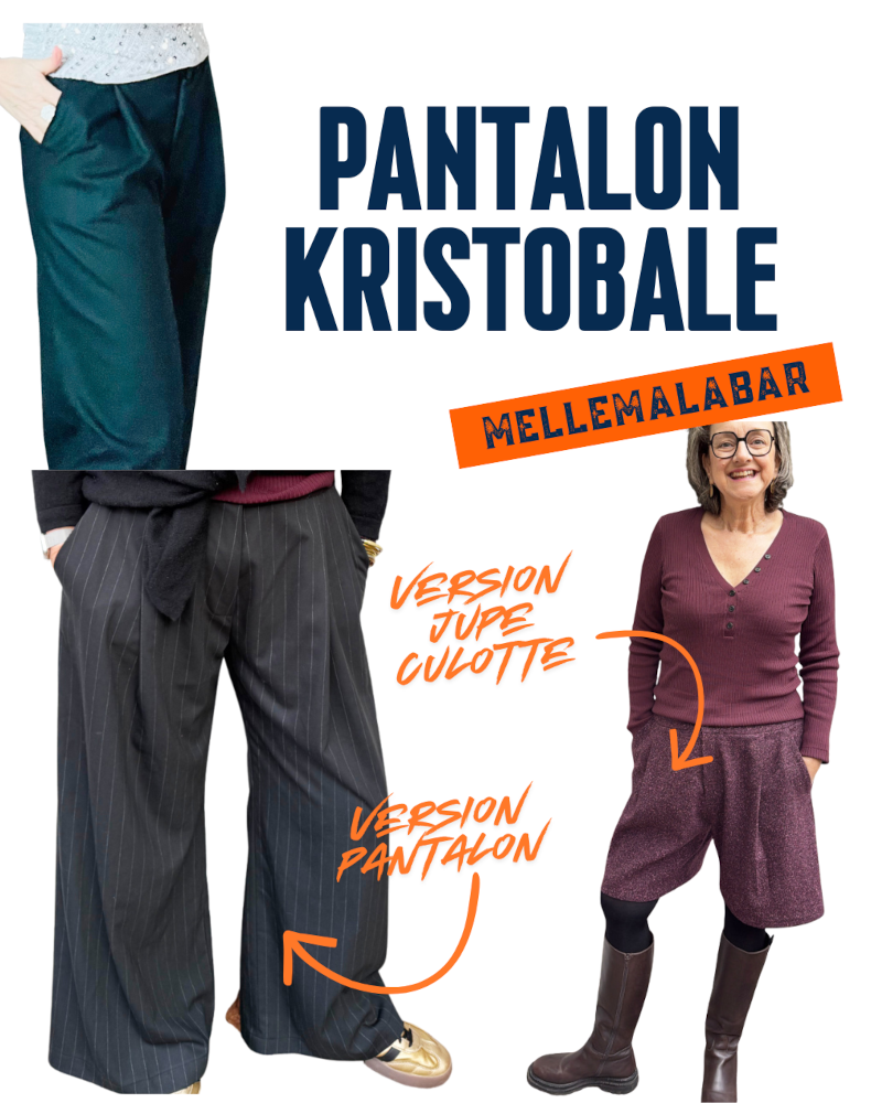 Pantalon large jupe culotte femme cousue, taille haute avec plis et poches italiennes illustrant le patron Kristobale.