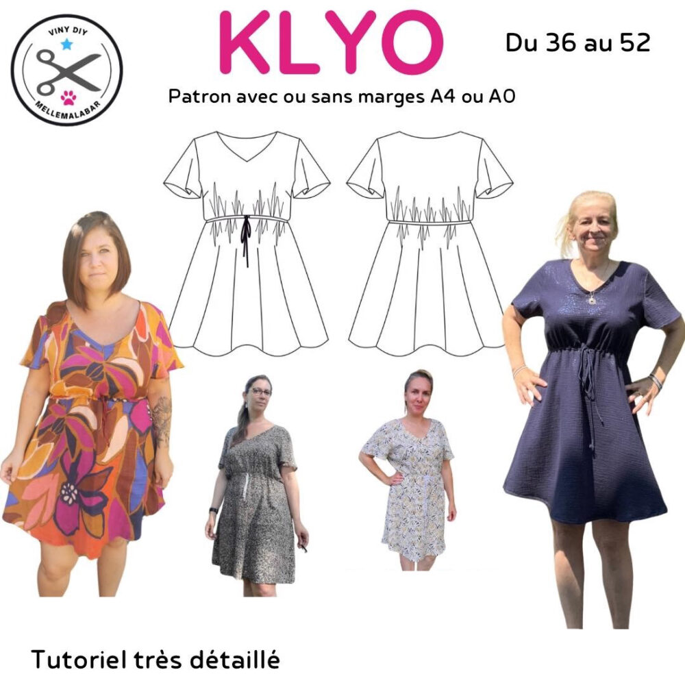 robe femme coupée à la taille avec coulisse de serrage, longueur au genou et coupe fluide, modèle KLYO en version PDF et pochette