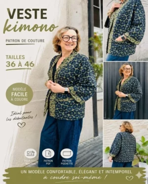 Veste kimono femme à coudre avec coupe ample, manches larges et ceinture nouée dans un tissu fluide uni.