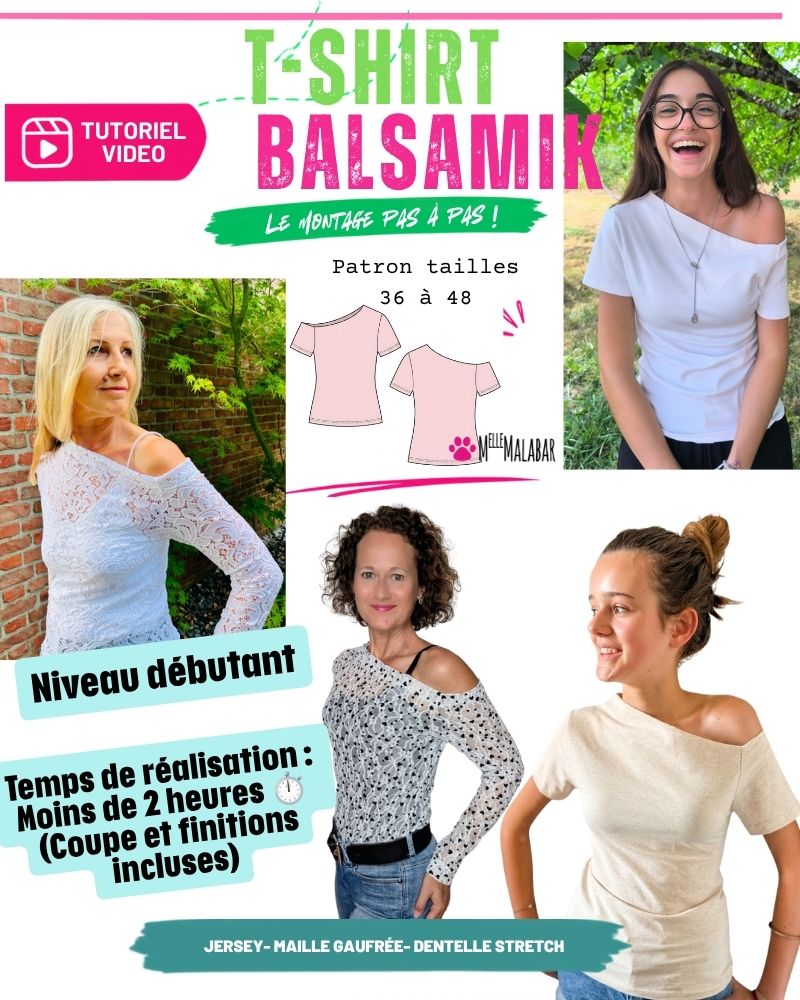 pub Balsamik (800 x 1000 px) Patron T-shirt asymétrique femme PDF BALSAMIK présenté de face, avec une coupe asymétrique aux lignes contemporaines.