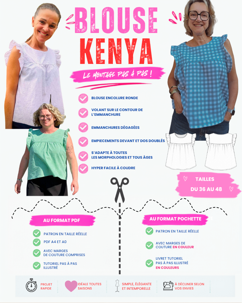 Patron blouse femme sans manches Kenya, modèle à encolure ronde et volants aux emmanchures.